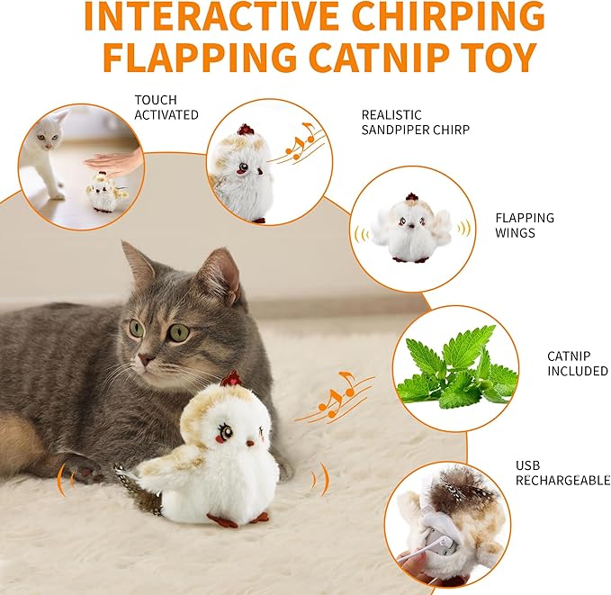 Gigwi Flappy Bird Cat Toy For Indoor Cats, Rechargeable Lifelike Sandpiper Interactive Flapping Bird Cat Toy Tweet, Flapping Wings & Lively Chirping, Catnip Toys For Kitten, Touch Activated (Princess)