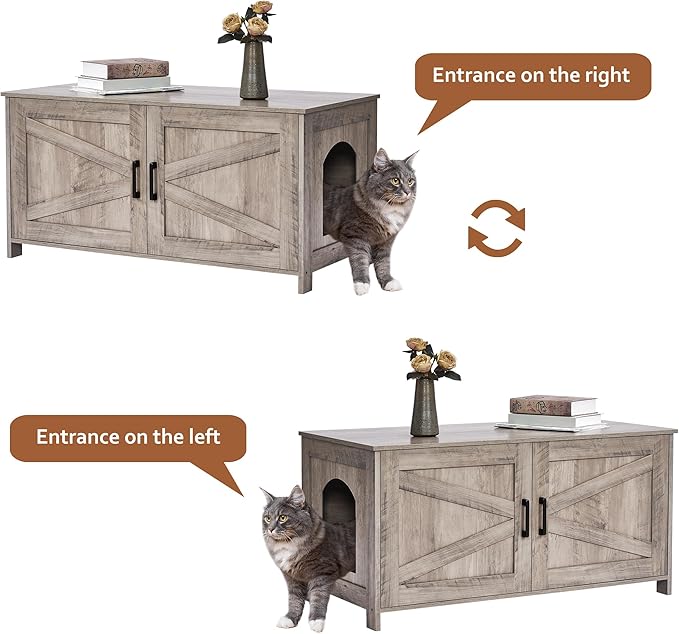 Homhedy 39.4" L Cat Litter Box Enclosure, Pet House with Barn Door, Wooden Cat Washroom Furniture, Fit Most of Litter Box, Greige