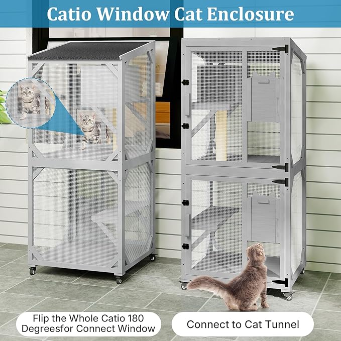 Catio Outdoor Cat Enclosure, Cat Patio Enclosure with 3 Platforms, Cat Condo Outdoor, Wooden Movable Cats Cage with 4 Wheels, Large Outdoor Cats House