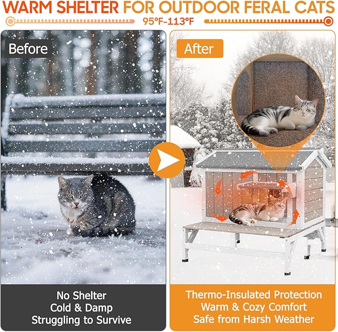 Insulated Cat House Outdoor with Balcony All-Round Insulation Weatherproof Outside Feral Cat Shelter for Winter, Wooden Pet House with Raised Base and Openable Roof for Cats & Small Animals