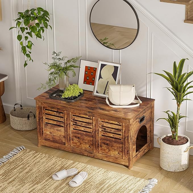 DINZI LVJ Litter Box Enclosure, Flip Top Litter Box Furniture, Hidden Cat Washroom, Wooden Cat House, End Table, 39.4" L x 19.7" W x 19.7" H, Good Ventilation, Easy to Assemble, Rustic Brown