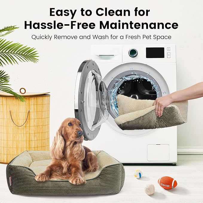 Miguel Dog Bed with Removable Cushion/Pillow for Medium Small Dogs, Washable Pet Bed with Side Easy to Wash Puppy Bed, Large Rectangle Cat Bed for Indoor Cat with Anti-Slip Bottom, Khaki 30 Inch