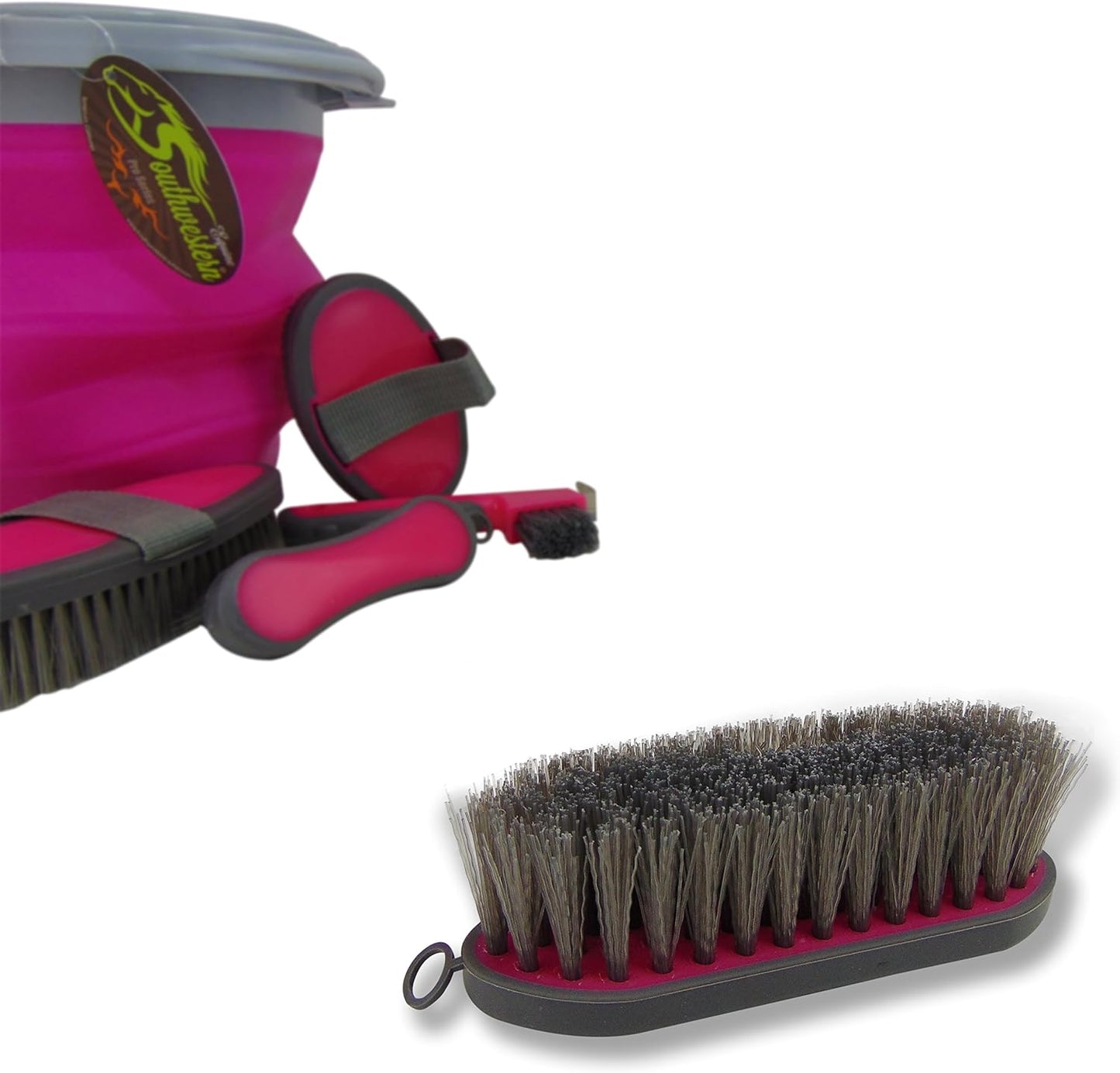Collapsible Grooming Kit 10 Liter Bucket and 5 Grooming Tools by Southwestern Equine (Pink)