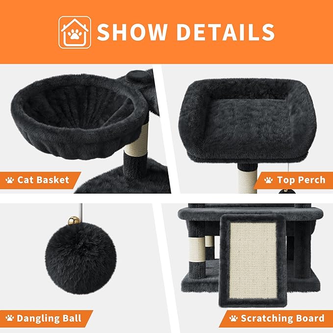 68.5 Inch Multi-Level Cat Tree, Plush Cat Tower with Condo/Sisal Scratching Posts/Hammocks/Basket/Dangling Ball/Platform, Heavy Duty Cats Tree to Play and Sleep, 2604#Dark Grey
