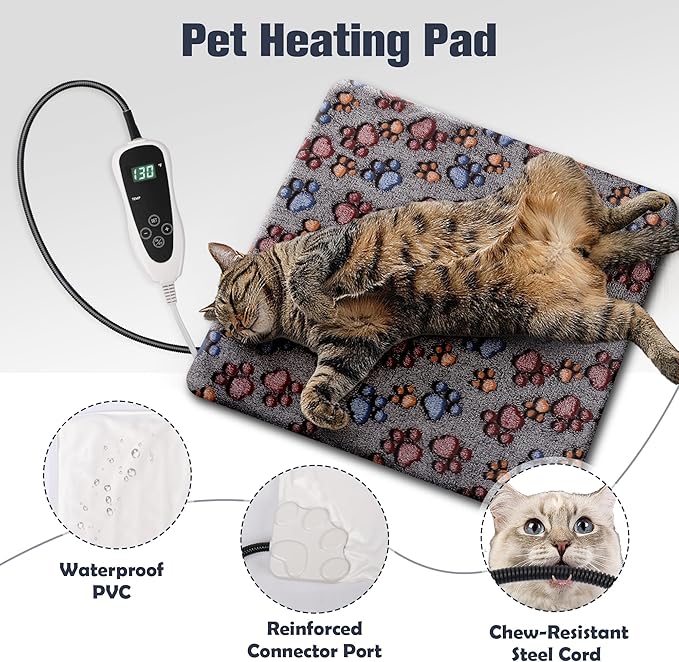 Cat Heating Pad, Waterproof Pet Heating Pad for Cats Dog Indoor, 11 Adjustable Temperature Cat Warming Bed Mat with Timer, Indoor Heated Bed with Chew Resistant Cord (S: 18'' L X 18W '')
