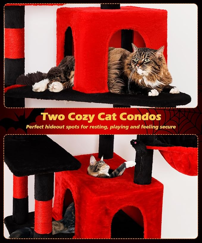 AMHANCIBLE Gothic Cat Tree, 70 Inch Tall for Indoor Adult Cats, Large Multi-Level Tower with Scratching Post, Hammock, Condos, Hanging Basket, Activity Center to Play and Sleep, Black Red, PT18RD