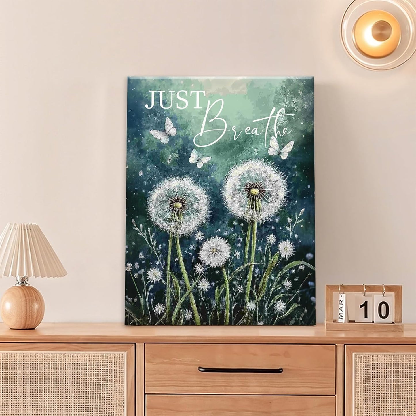 Dandelion Pictures Wall Art, Farmhouse Floral Bathroom Wall Decor, Rustic Nature Inspirational Framed Painting Butterfly White Flower Canvas Artwork for Bedroom Living Room Decorations 16"L x 12"W