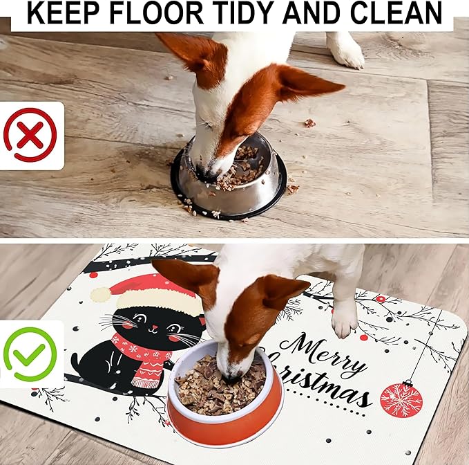 Christmas Black Cat Pet Feeding Mat-Quick Dry Absorbent Dog Cat Food Mat, Anti-Slip Water Bowl Mats for Messy Eaters-No Stains Indoor Pet Accessories 12"x20"
