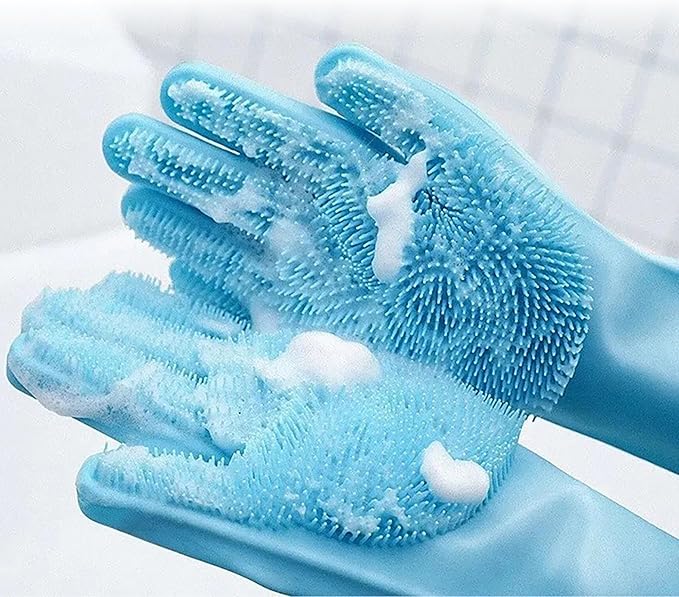 Pet Grooming Gloves，Heat-Resistant Silicone Gloves with High-Density Teeth for Enhanced Massaging and Bathing of Dogs and Cats (Blue, 2 Pair)