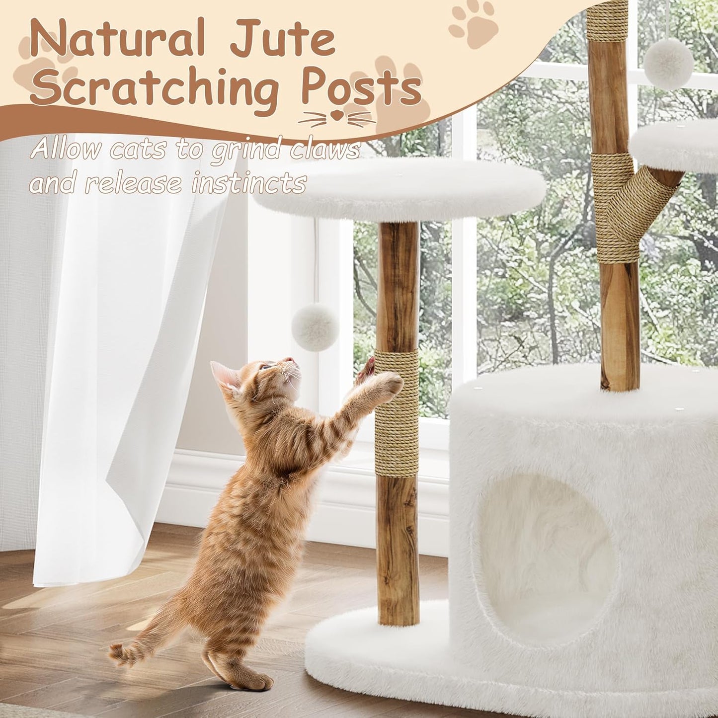 Modern Wood Cat Tree Tower for Large Cats | Luxury Solid Pear Wood Condo with Platforms, Scratching Posts & All-Season Mats, 43" Aesthetic Cat Furniture, 2 Branch