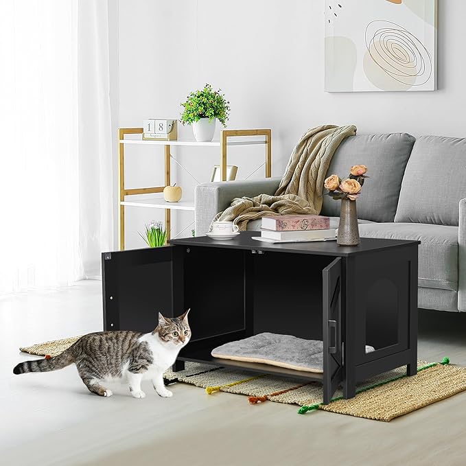 Homhedy Cat Litter Box Enclosure, Wooden Cat Washroom Furniture with Barn Door, Pet House, Fit Most of Litter Box, Black