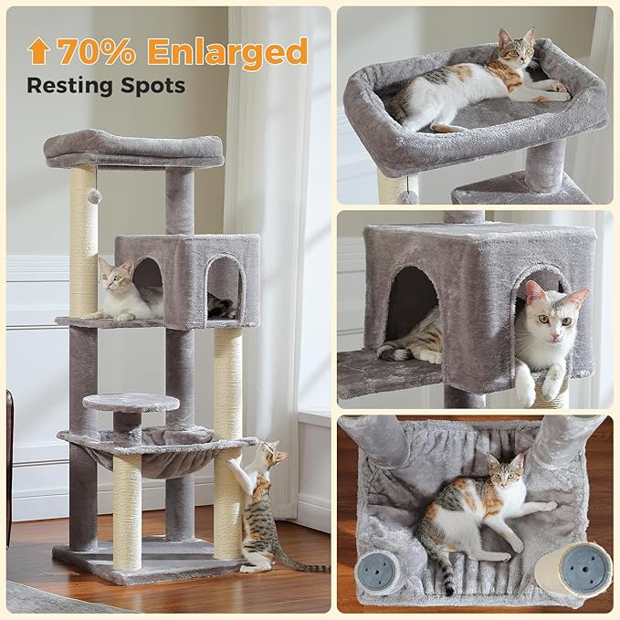 Large Cat Tree for Indoor Cats Large Adult, 57.8" Heavy Duty Cat Tower with Reinforced Scratching Posts (φ3.7in) and Plush Larger Hammock for Maine Coon & Big Cats, Supports 30lbs, Grey