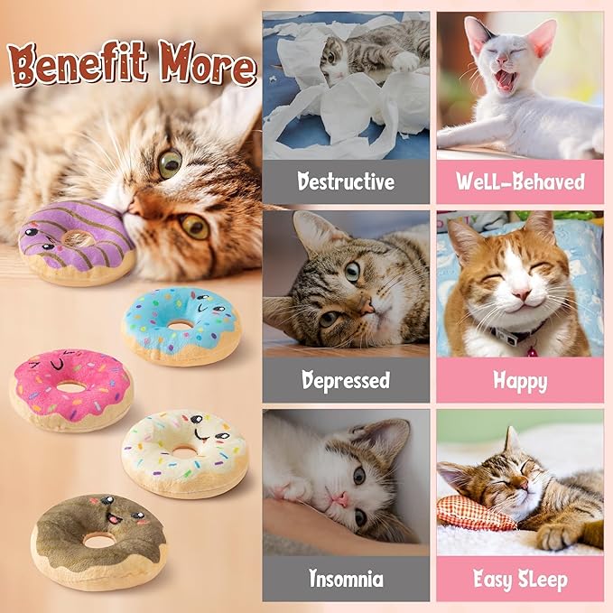 L1rabe Fall Donut Catnip Stuffed Toys - 5Pcs Funny Dessert Cat Toys Black Cat Appreciation Day Pet Supplies, Indoor Cats Chew Bite Teething Tools Kittens Catmint Birthday Gifts Interactive Supplies