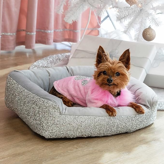 Pet Bed, Sparkling Rhinestones, Soft, Comfortable Velvet, for Lounging Dogs, Cats, Pets, Charcoal, Small, Sold Individually