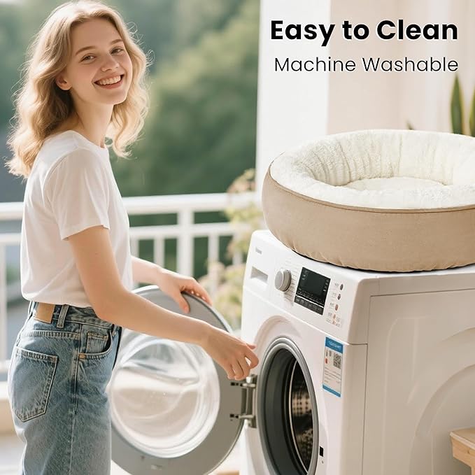 Love's cabin Round Donut Cat and Dog Cushion Bed, 20in Pet Bed for Cats or Small Dogs, Anti-Slip & Water-Resistant Bottom, Super Soft Durable Fabric Pet beds, Washable Luxury Cat & Dog Bed Camel