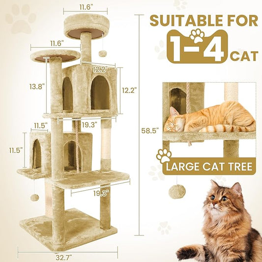 58.5inch Large Cat Tree Tower Condo for Indoor Cats, Soft Plush Multi-Level Climbing Tree Cat House with 1 360° Rotating Cat Cave, Scratching Post, More Entrance/Exit, Sisal Rope, Light Yellow