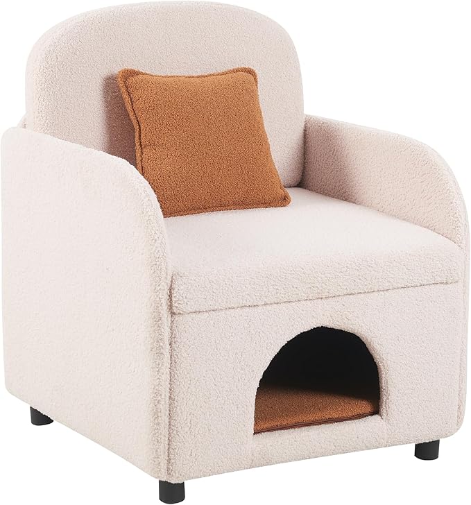 Merax 2 in 1 Pet Friendly Sherpa Upholstered Sofa Chair, Leisure Armchair, Fluffy Fabric with Lumbar Pillow for Living Room Bedroom Home and Office, Cream White