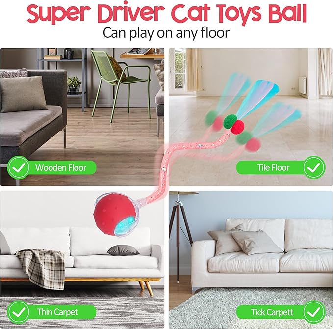 Interactive Cat Toys Ball for Indoor Cats, 2025 New Generation Automatic Moving Ball Toy with Elastic Mesh Tail, Chirping & Obstacle Avoidance and Motion Activated, Red【Rechargeable】