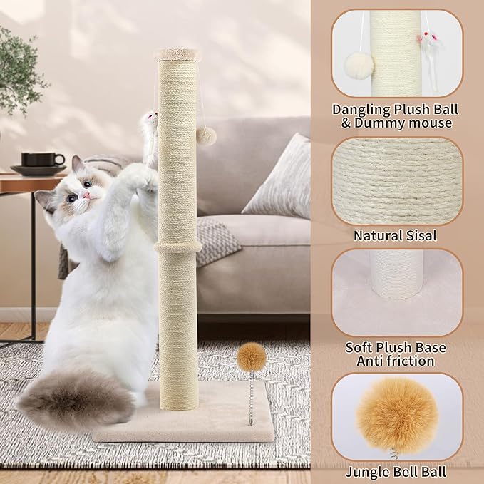 36 Inch Tall Cat Scratching Post – Sisal Cat Scratcher for Indoor Cats, Large Vertical Scratch Post, Sturdy Cat Scratch Pole Tower, Modern Cat Furniture for Kittens & Adults (Beige)