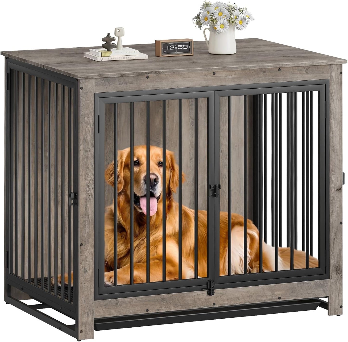 Dog Crate Furniture, Large Dog Crate Furniture, Dog Crate End Table for Large and Medium Dogs, Wooden Cage Kennel Furniture Indoor, Modern Dog Crate with Multi-Purpose Removable Tray