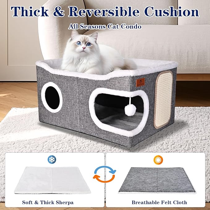 Extra Large Cat Beds for Indoor Cats, Covered Cat Cave Beds & Furniture with Scratch Pad and Fluffy Ball, Foldable Condo Hideaway with Reversible Cushion for Multi Small Pet Large Kittens, Grey