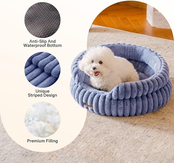 MEWOOFUN Cat Beds for Indoor Cats, Washable Dog Bed for Small Dogs, Round Pet Bed for Puppy and Kitten with Anti-Slip Bottom (Blue, 20"x20"x8")