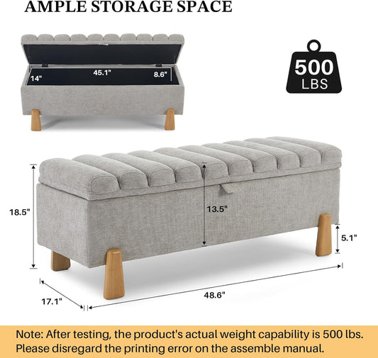 Storage Ottoman Bench, Bedroom Storage Bench Foot Rest with Legs, 17.1 x 48.6 x 18.5 Inches, End of Bed Bench, Load up to 500 lb, for Living Room, Bedroom, Entryway, Light Gray