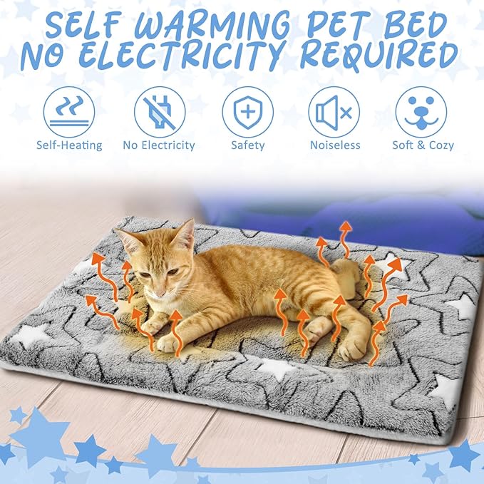 2 Pack Self Warming Cat Mat Self Heating Pad Bed Reversible Machine Washable Reflects Body Heat Warm Thermal Pet Pad Crate Blanket for Feral and Indoor Cat(Double Star,20'' X 30'')