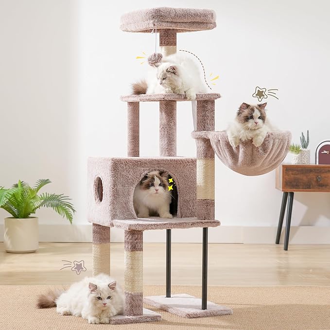 Heybly Cat Tree, 49.2 Inches Cat Tower for Indoor Cats, Spacious Cat House Condo with Hidden Space，Sturdy Steel Tube，Soft Plush Top Perch，Cozy Hammock and Sisal Scratching Posts, Muchroom HCT200SMU