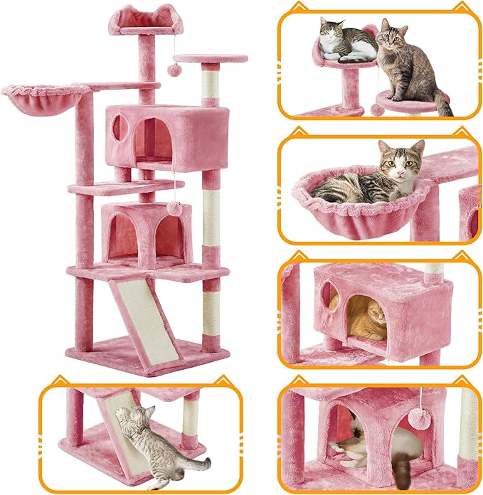 Topeakmart 57 inches Multi-Level Cat Tree Cat Condo with Scratching Posts Kittens Activity Tower Pet Play House Furniture, Pink