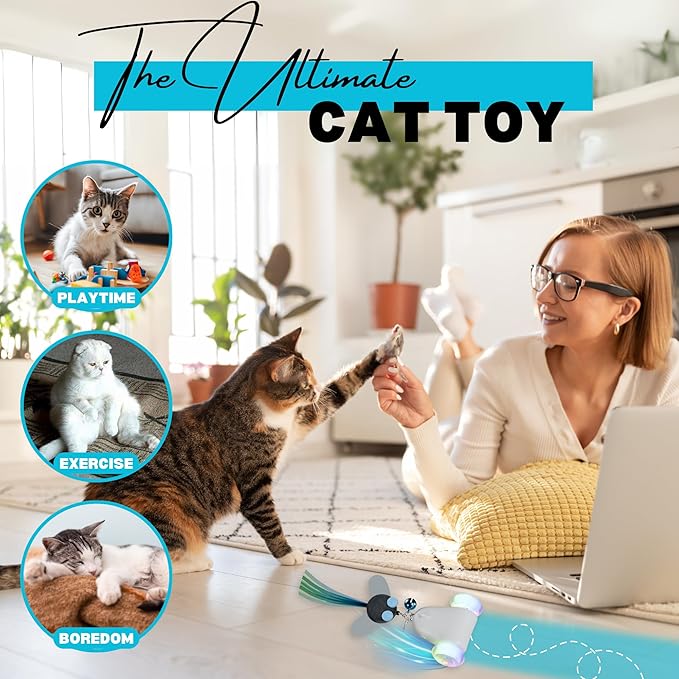 Rolling Rover – Interactive Cat Toy with RGB Wheels, Automatic Moving Mouse-Shaped Design, Feather Butterfly and Bell Attachments, Smart Motion Activated for Indoor Cats & Kittens (Blue)