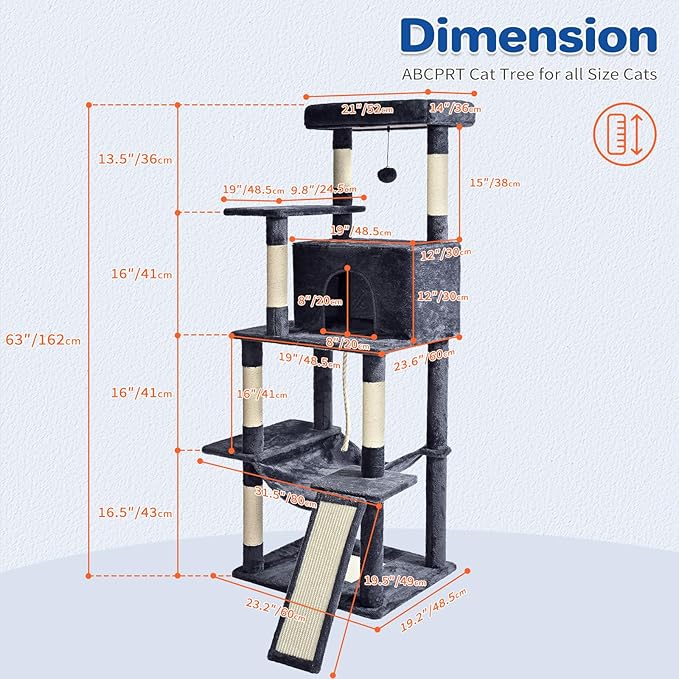 Cat Tree Tower 63in Multi-Level Cat Tower for Indoor Cats with Sisal Scratching Posts, Condo, Hammock, Dangling Ball and Extended Platform for Cats to Play, Dark Grey