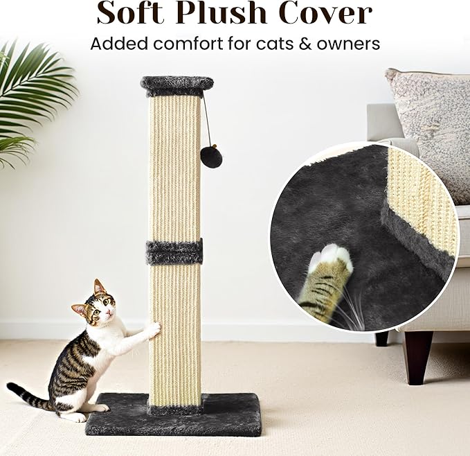 Cat Scratching Post with Hanging Toy Ball, 32-Inch Tall Sisal Cat Scratcher for Indoor Cats, Grey