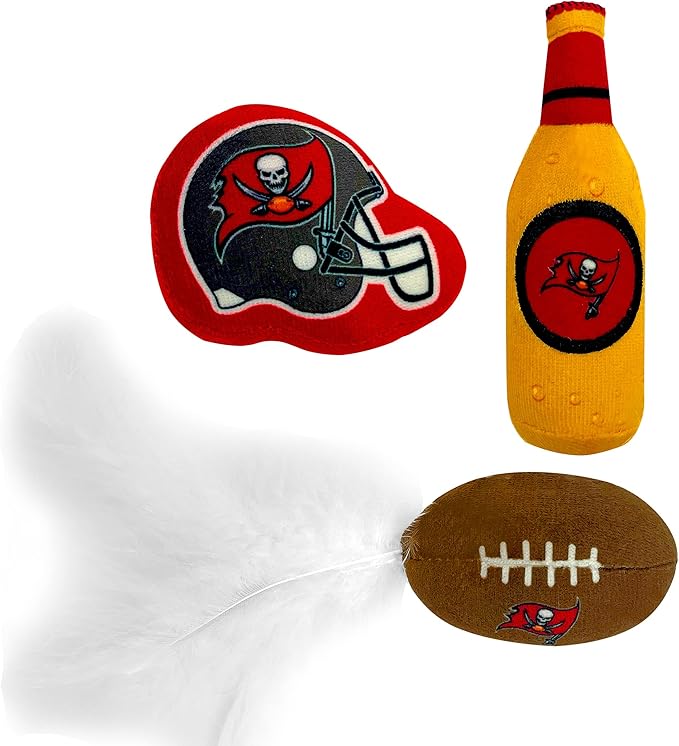 BEST PLUSH CAT TOY - NFL TAMPA BAY BUCCANEERS Complete Set of 3 piece Cat Toys filled with Fresh Catnip. Incld: 1 Helmet Cat Toy, 1 Football Cat Toy with Feathers & 1 Beer Bottle. Beautiful Team LOGOS