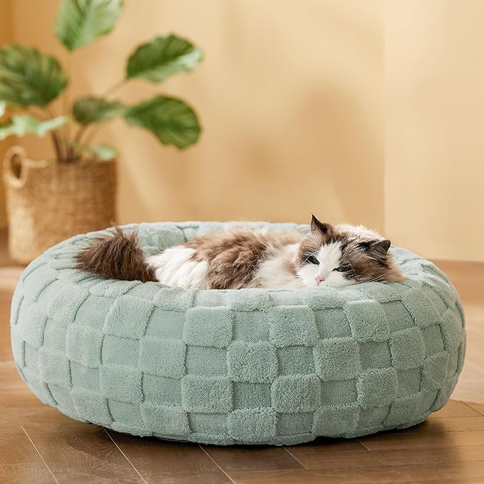Bedsure Cat Beds for Indoor Cats - Donut Dog Beds for Small Dogs Puppy Kitten with Anti Slip Bottom, Round Sherpa Pet Beds with Washable Removable Cover, Garden Green, 20x20x6 inches