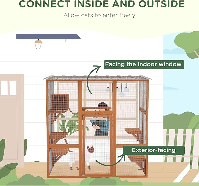PawHut Catio Outdoor Cat Enclosure Window Box, Wooden Cat House Playground with Scratching Posts, Weather Protection Roof for 1-2 Kitties, Resting Boxes, 68" x 35.5" x 70.5", Orange