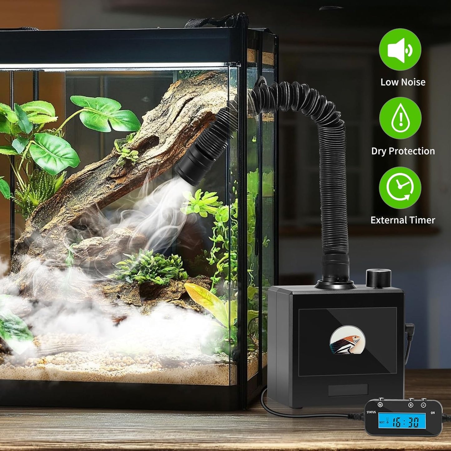 Reptile Fogger Humidifier for Glass Terrariums, Auto-Refill Misting System with Timer, Suitable for Reptiles/Amphibians/Grow Tents