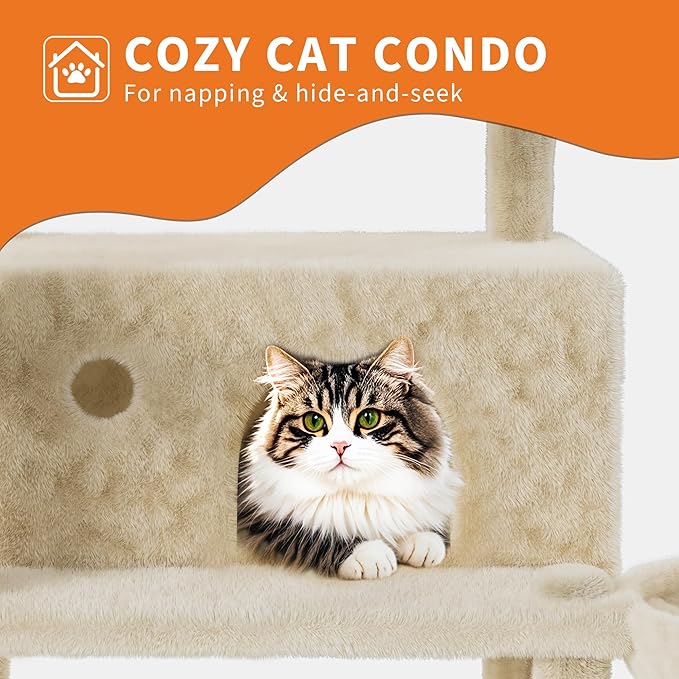 68.5 Inch Multi-Level Cat Tree, Plush Cat Tower with Condo/Sisal Scratching Posts/Hammocks/Basket/Dangling Ball/Platform, Heavy Duty Cats Tree to Play and Sleep, 2604#Beige