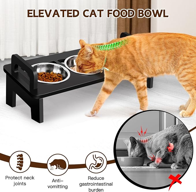 Elevated Cat Food Bowl, 3 Stainless Steel Raised Cat Bowls with Stand, 15°Tilted Cats Bowl for Indoor Cats, Pet Food and Water Bowl Set, Anti Vomitting, Whisker Fatigue and Dishwasher Safe - Black