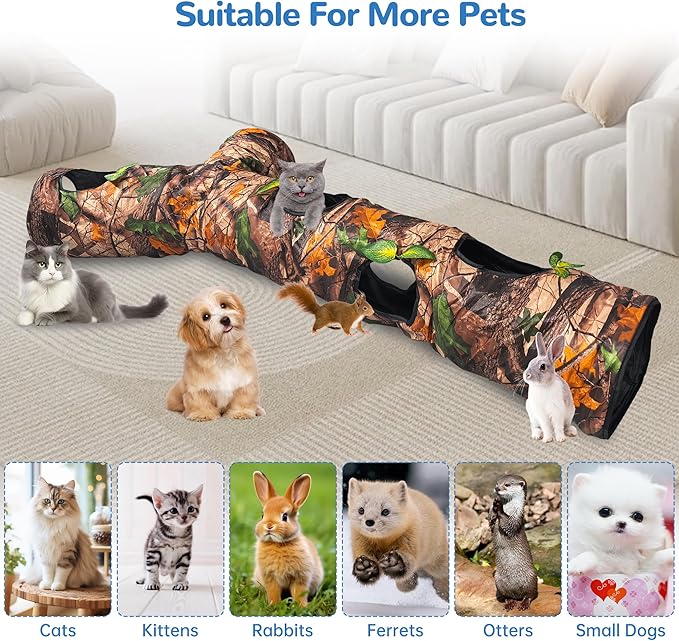 Cat Tunnel,59" Large Y-Shape Cat Cave with 3 Rustle Channels & Leaves, Portable Cat Bed Toy for Indoor Kittens & Small Pets to Chase and Play, Easy Storage (Brown)