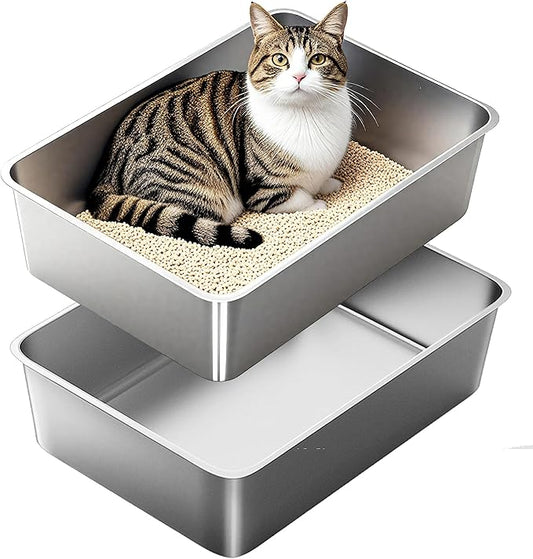Stainless Steel Cat Litter Box, Medium Metal Litterbox, 2-Pack Stainless Steel Litter Tray Pan for Medium Cats, 19.7" Lx13.8 W x5.9 H, No Odour Absorption,Easy to Clean, Rustproof, Leakproof