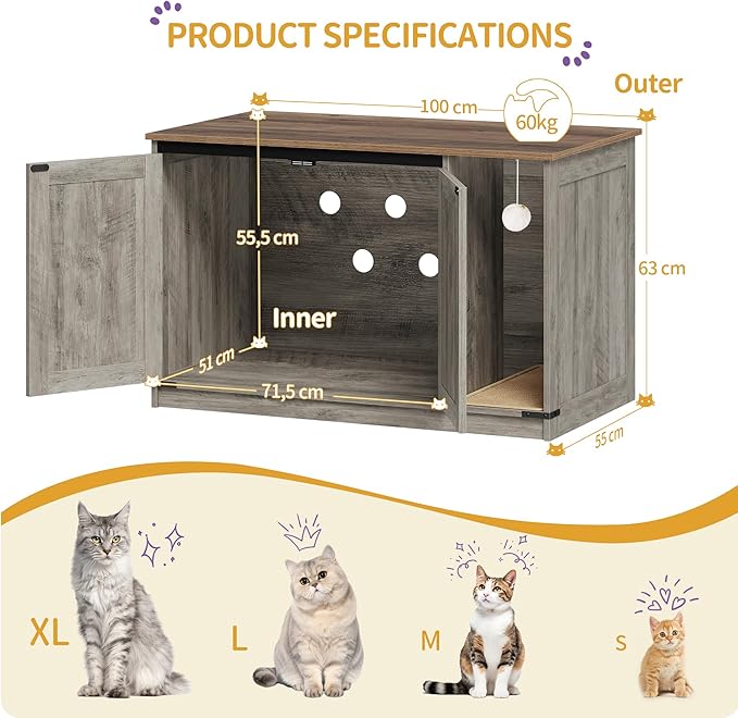 Cat Litter Box Enclosure, Hidden Litter Box Cabinet Furniture with Bell, Indoor Cat House, Farmhouse Style, 39.4 x 21.7X 24.8 Inches, for Hallway, Bedroom, Greige CB85205X