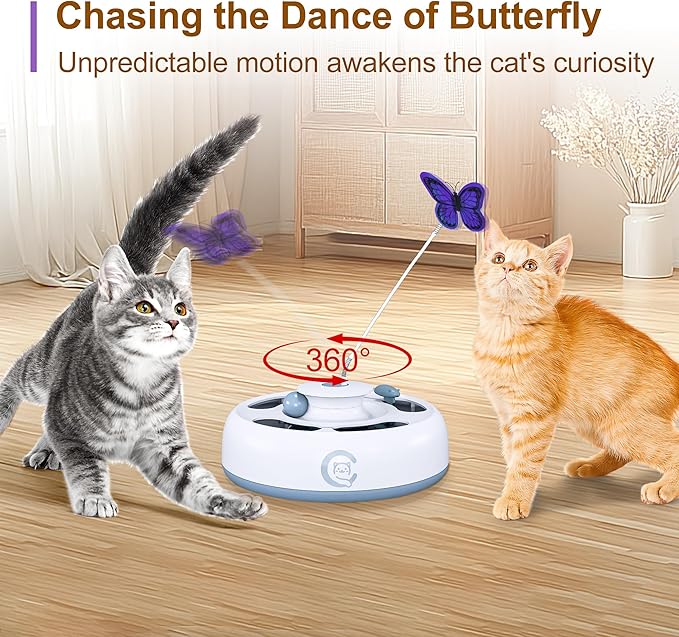 Cat Toys 3 in1 Automatic Interactive Kitten Toy, Moving Ambush Mouse, Fluttering Butterfly, Track Balls, USB Powered, Indoor Exercise Kicker, Mouse Catching Game (Bright White)