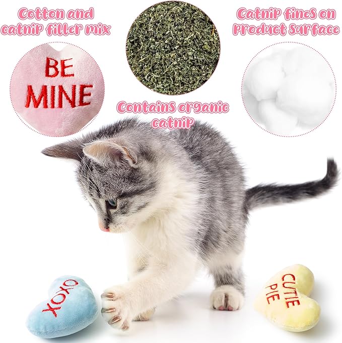 MALLMALL6 5Pcs Sweet Conversation Heart Catnip Toys Gift for Cat, Indoor Kitten Chew Bite Kick Candy Catmint Pet Supplies, Cute Interactive Cat Toy for Pet Presents