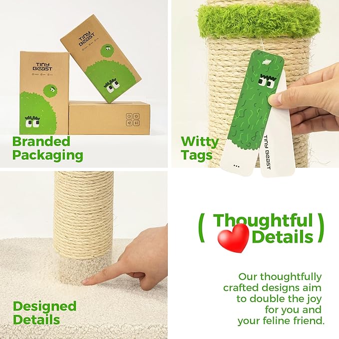 TINYBEAST 34.7" Tall Cat Scratching Post, 3 in 1 Heavy Duty 4.3" Diameter Natural Sisal Post with Hanging Bell Ball, Reinforced Stable Base for Indoor Adult Cats and Kittens(Beige)