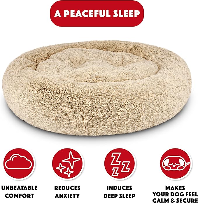 The Dog’s Bed Sound Sleep Donut Dog Bed, XL Beige Fur Calming Nest Bed Removable Cover, Veterinary Approved