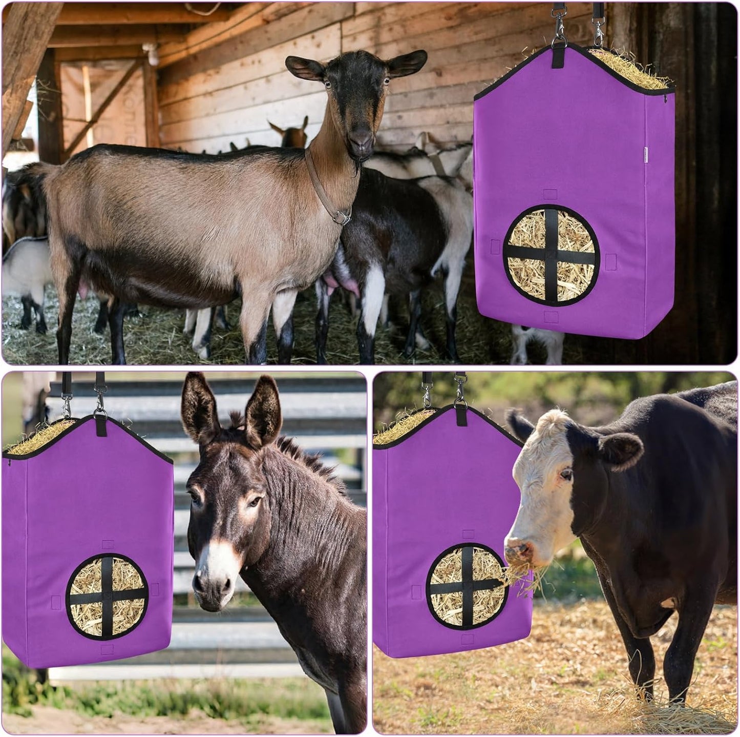 3 PCS Goat Hay Feeder,Hay Bags for Horses,Goats,Donkeys with Reinforced Oxford Fabric and High Strength Metal Clasp,Horse Feeding Supplies with Adjustable Strap for Easy Hanging (2Purple+1Grey)