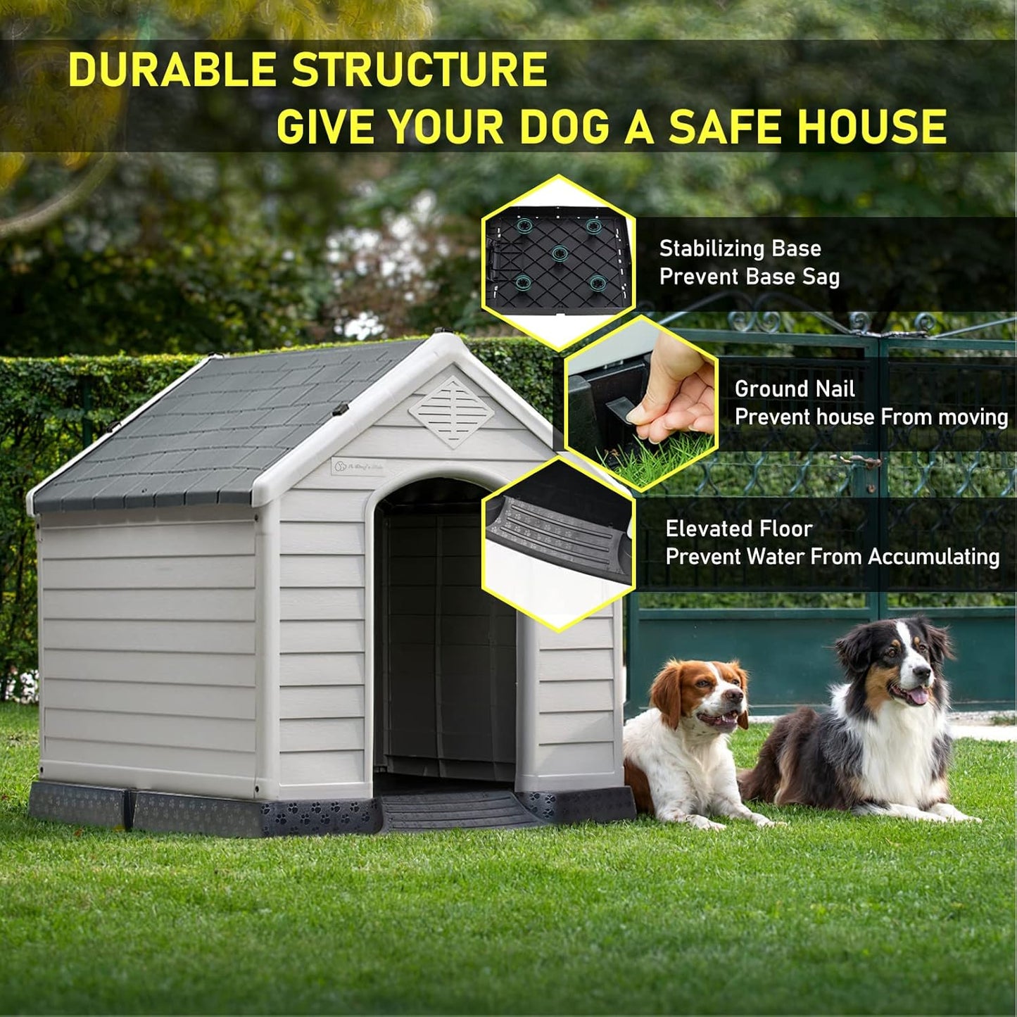 LEMBERI Durable Waterproof Plastic Dog House for Small to Large Sized Dogs, Indoor Outdoor Doghouse Insulated Puppy Shelter with Elevated Floor, Easy to Assemble (Gray, 34''L*31''W*32''H)