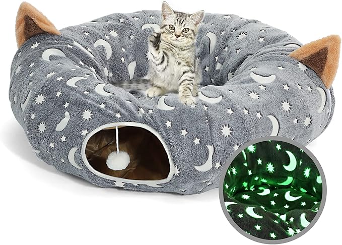 LUCKITTY Cat Tunnel Bed Tube with Cushion and Plush Ball Toy Playground Crinkle Collapsible Self-Luminous Flannel Fabric 3FT for Large Cats Kittens Kitty Small Animals Puppy Grey Moon Star