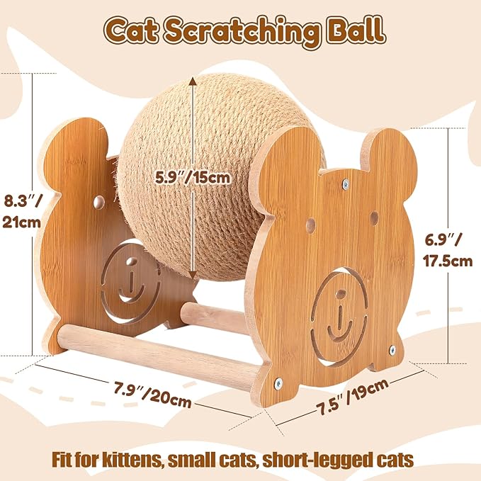 Outamateur Cat Scratching Ball Toy, Sisal Scratching Ball with Cute Stable Stand, Interactive Play and Exercise Toy for Kittens, Cats, Small Pets (Bear)